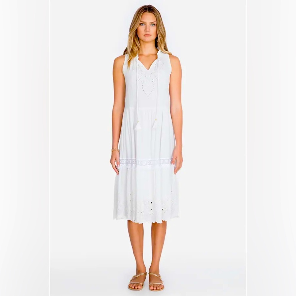 Jade by Johnny Was Ziva Dress White Gauze Cotton Tiered Midi Dress Sz M